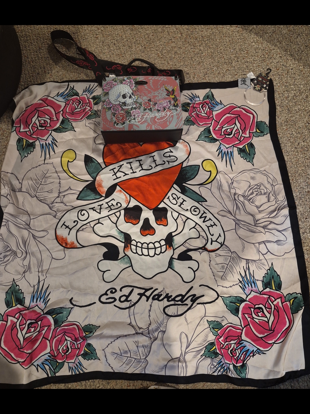 Ed Hardy Skull & Roses Graphic Scarf & Ed Hardy Crossbody Bedazzled Denim Bag